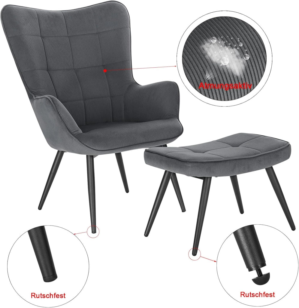 Poltrona Imbottita con Pouf Poggiapiedi Sedia Poltroncina Relax con Braccioli e Schienale Alto per Camera da Letto Salotto in Velluto, Grigio Scuro SKS28dgr