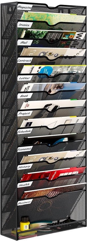 Organizzatore per pennelli a 13 posizioni, cassetta per documenti appesa, contenitore per riviste in metallo per ufficio/casa/scuola, fornisce spazio di archiviazione aggiuntivo con fondo piano, nero