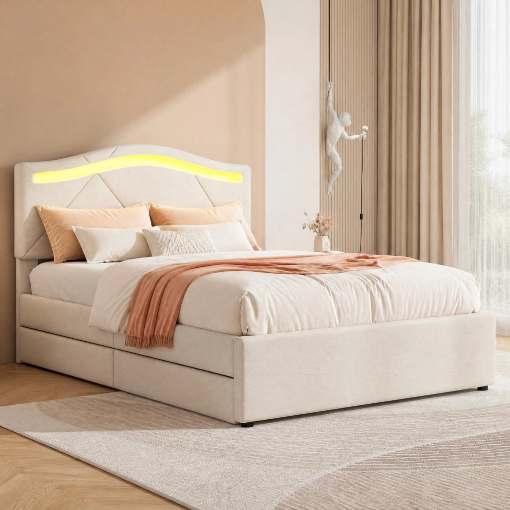 LETTO imbottito 90x200 cm con LED e 2 cassetti, lino beige