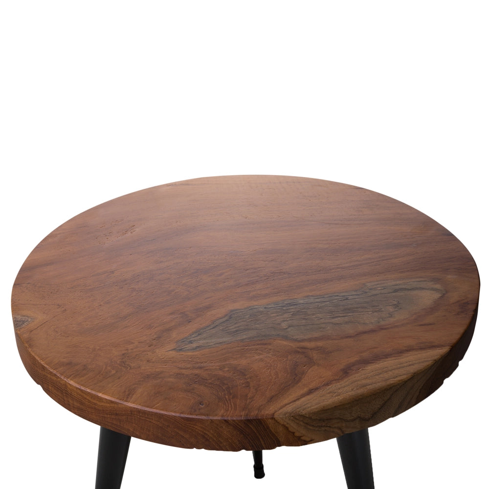 Tavolino Piano In Legno Teak Scuro Gambe Nere 45 cm Classico Rotondo Stile Rustico