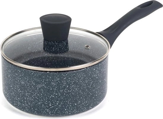 Pentola in acciaio con rivestimento antiscivolo 18 cm / 2 L pentola in acciaio con coperchio in vetro resistente al calore, pentola in acciaio per induzione Pentola per verdure e zuppe con manico in bakelite e esterno resistente al calore, Stone Nightfall