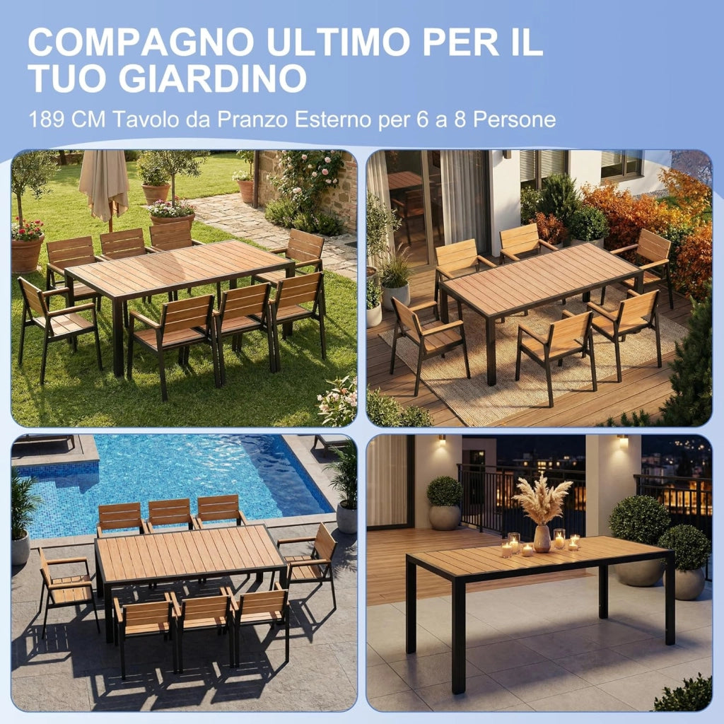 Tavolo da Giardino HDPS Resistente alle Intemperie, 189 x 80 x 74 cm Tavolino da Esterno Finitura a Vena di Legno e Facile da Manutenzionare, Tavolo da Pranzo Esterno per 6 a 8 Persone,Naturale