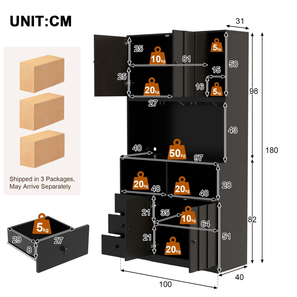 Credenza alta con vetrina, prese USB e RGB LED, per cucina e sala da pranzo, in MDF nero, 100 × 40 × 180 cm