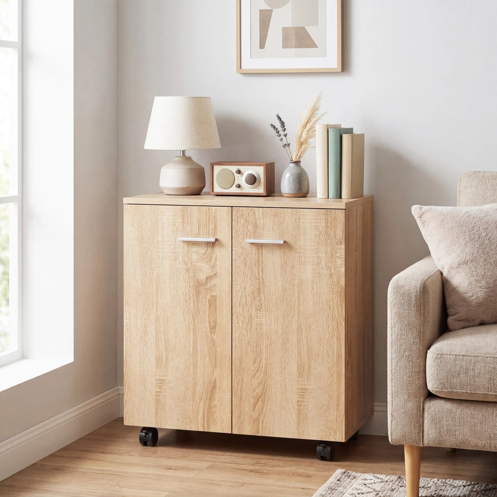 Buffet basso con ruote e 2 ante ¨C zephmum ¨C legno naturale 60x35x65 cm