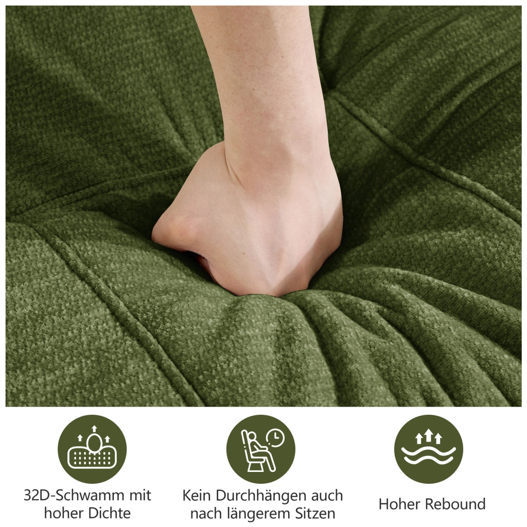 Divano modulare 3 posti con cuscini ergonomici e design trapuntato in ciniglia verde senza montaggio 264 × 97 × 68 cm