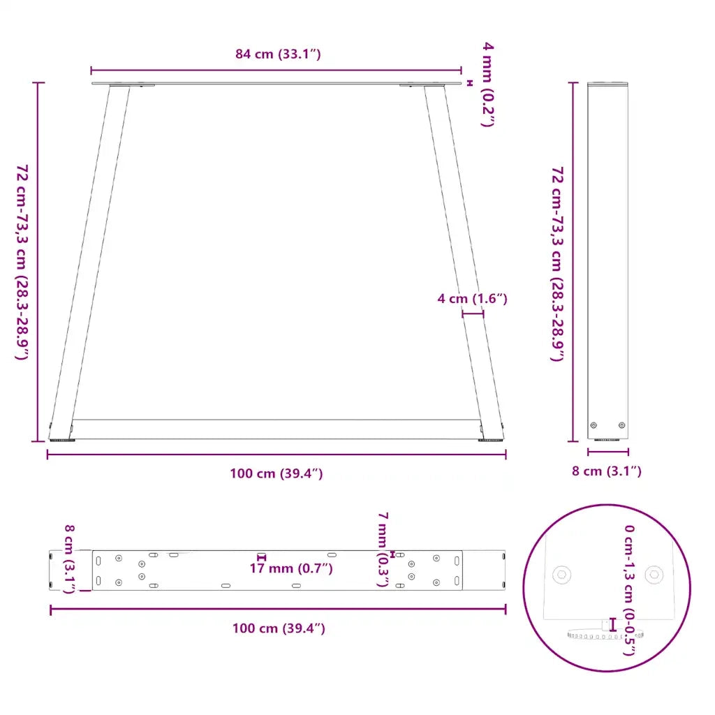 Gambe per tavolo da pranzo a forma di V 3 pz | Piede del tavolo nere 100x(72-73,3) cm in acciaio