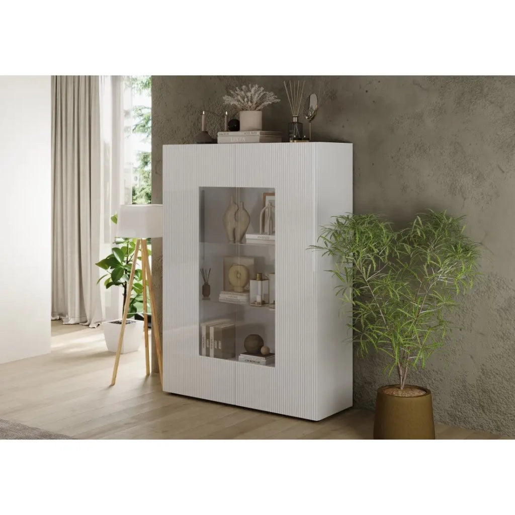 Vetrina SCENA – L121 x H166 x P42 cm – 2 porte – Bianco lucido lacato