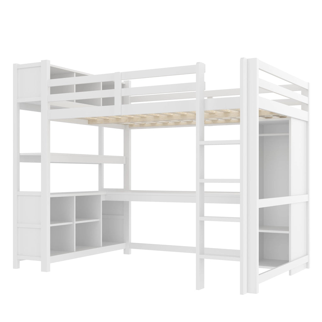 Letto a soppalco 140x200 cm con scrivania, scaffali e armadio, senza materasso, bianco