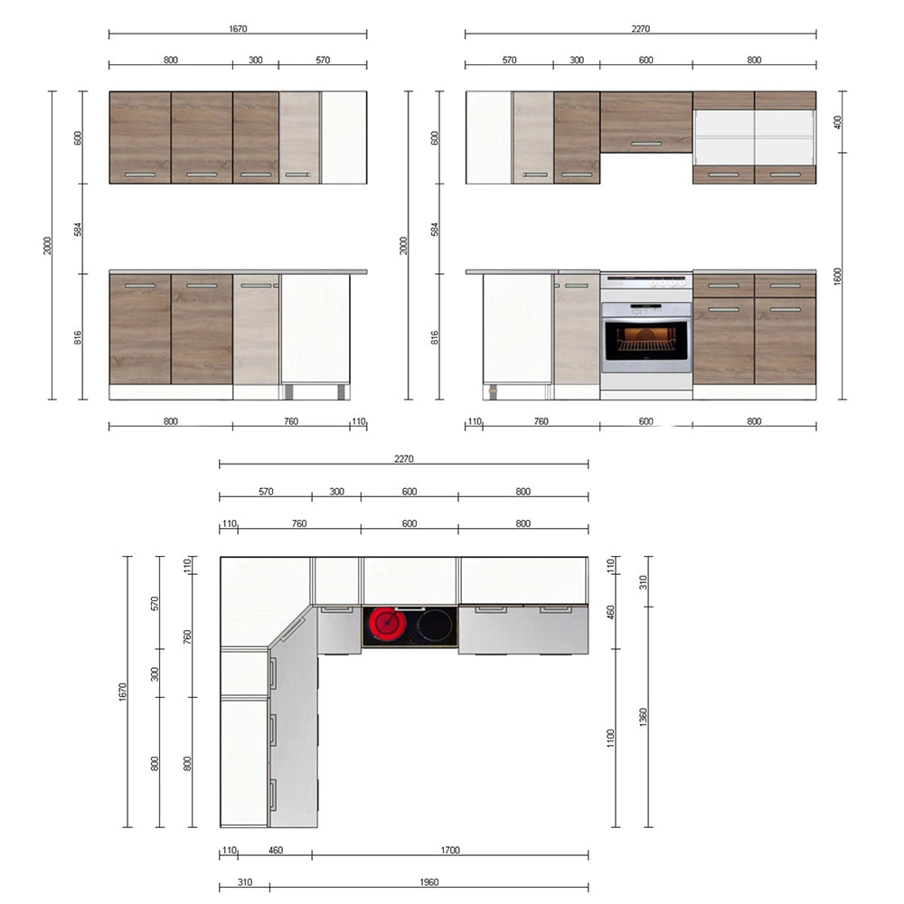 Cucina ad angolo Rick Sonoma/Bianco 227 x 167 cm, PL Marmo con striscia LED Vicco