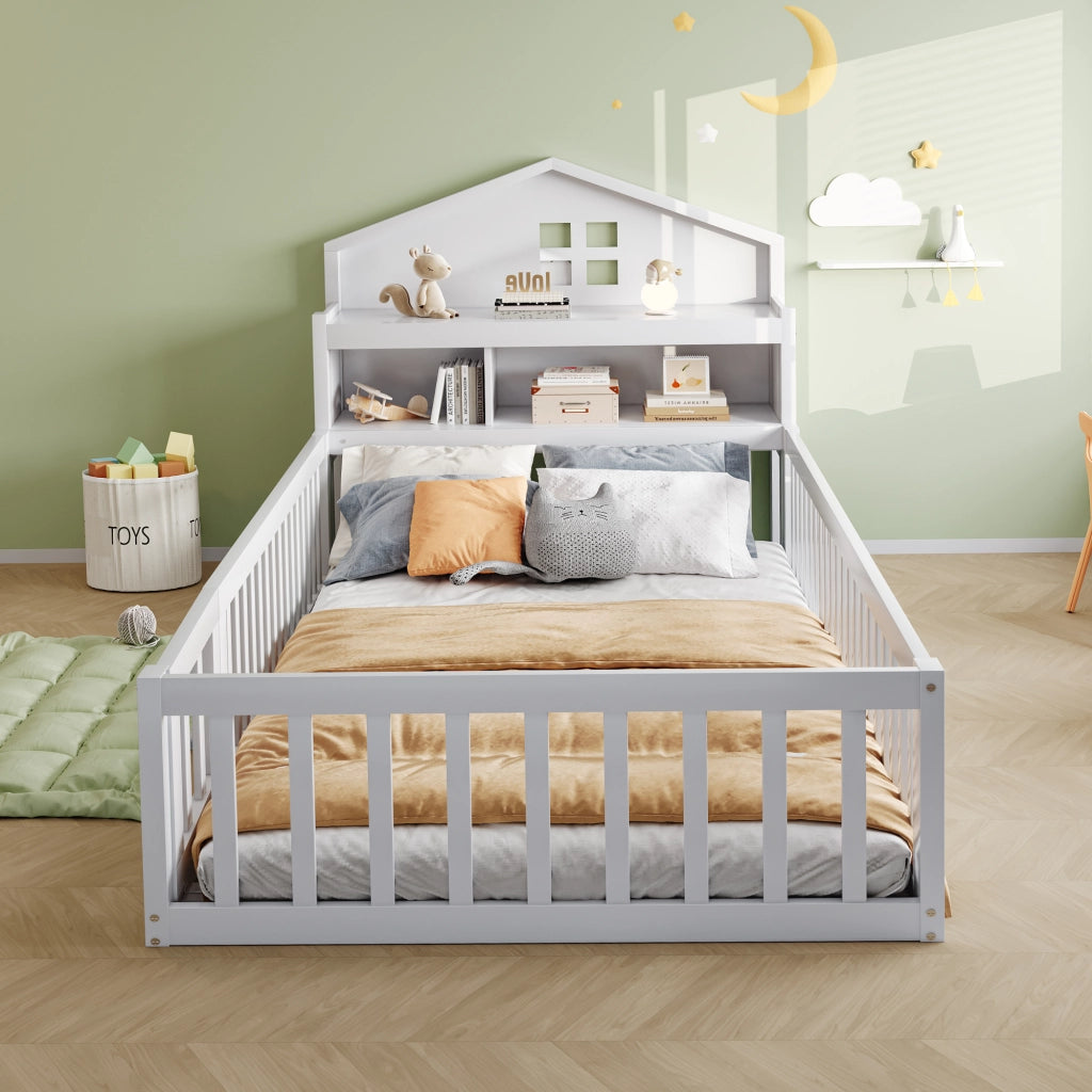 Letto a forma di casa bianco in legno massello con funzione contenitore e rete a doghe 90x200 cm