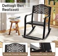 Sedia a Dondolo da Giardino Stile Rustico, Sedia da Esterno in Alluminio con Poggiapiedi, Schienale Decorativo e Braccioli, Dondolo per Giardino e Balcone, 102 x 62,5 x 89 cm, Marrone