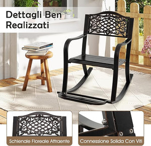 Sedia a Dondolo da Giardino Stile Rustico, Sedia da Esterno in Alluminio con Poggiapiedi, Schienale Decorativo e Braccioli, Dondolo per Giardino e Balcone, 102 x 62,5 x 89 cm, Marrone