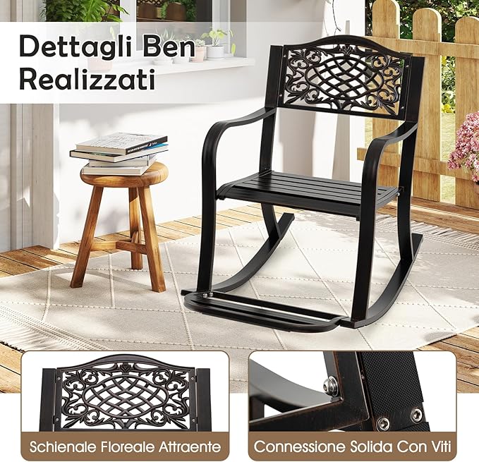 Sedia a Dondolo da Giardino Stile Rustico, Sedia da Esterno in Alluminio con Poggiapiedi, Schienale Decorativo e Braccioli, Dondolo per Giardino e Balcone, 102 x 62,5 x 89 cm, Marrone