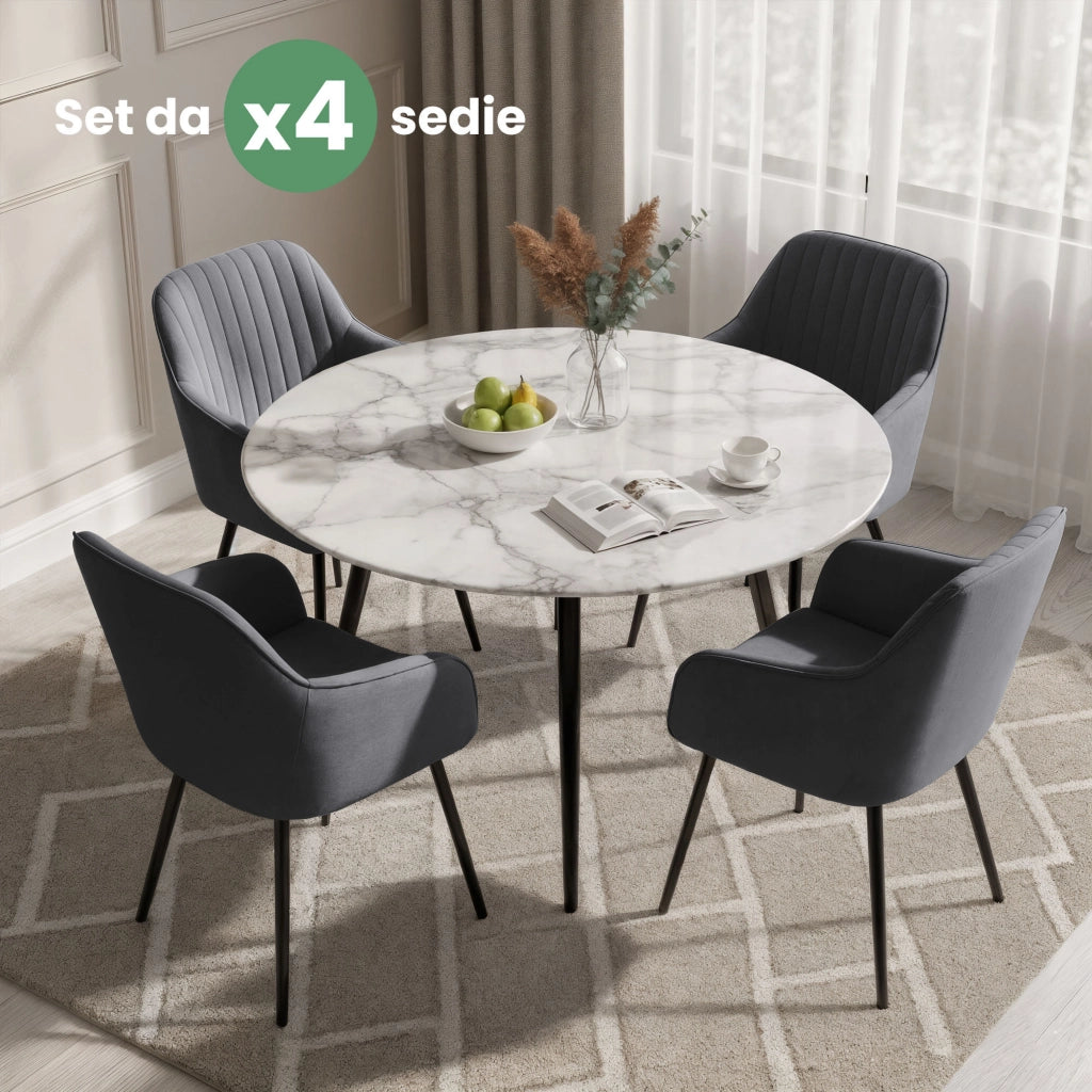 Set di 4 Sedie in velluto con cuciture verticali FLORENCE Grafite gambe nere