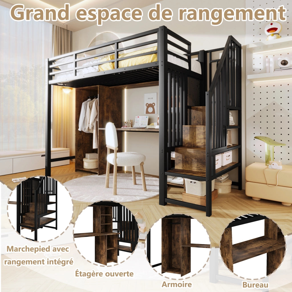 Letto a castello nero in metallo con stoccaggio armadio e scrivania 90x200 cm