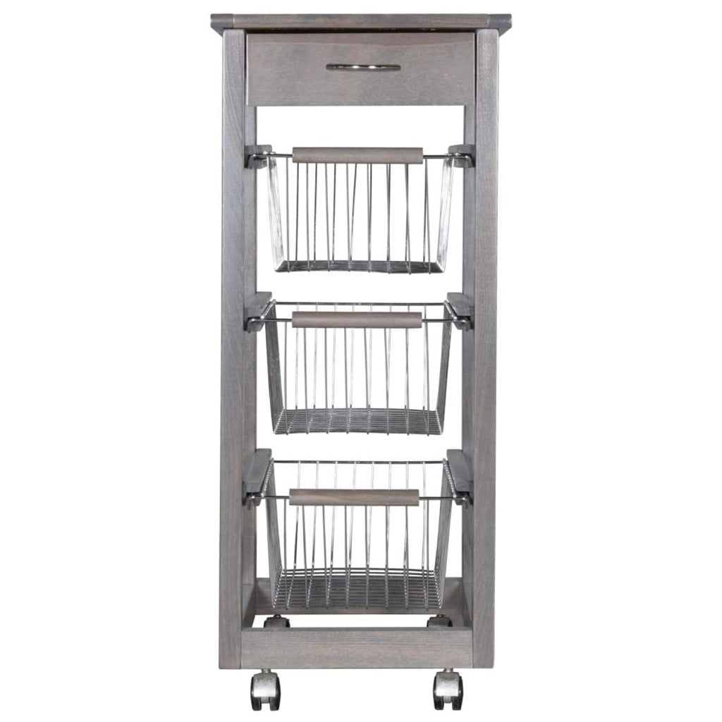 Carrello Cucina SALVASPAZIO in Legno di FAGGIO con CASSETTO E CESTI CONTENITORI 4 Ruote GIREVOLI PORTAPANE PORTAF Grigio