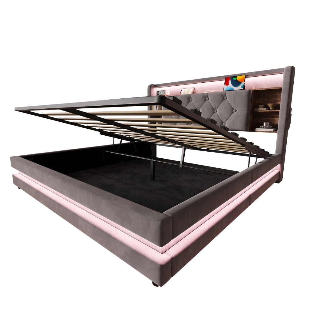 Letto imbottito 140x200 cm con testiera multifunzione; LED e USB in velluto