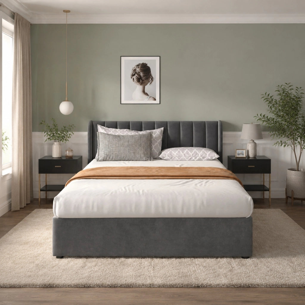 Letto matrimoniale 160x200 cm in velluto grigio con rete a doghe, 2 cassetti e testiera alta