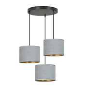 Lampadario Tondo 3 Luci Ganesha In Acciaio Nero E Paralumi In Tessuto Grigio