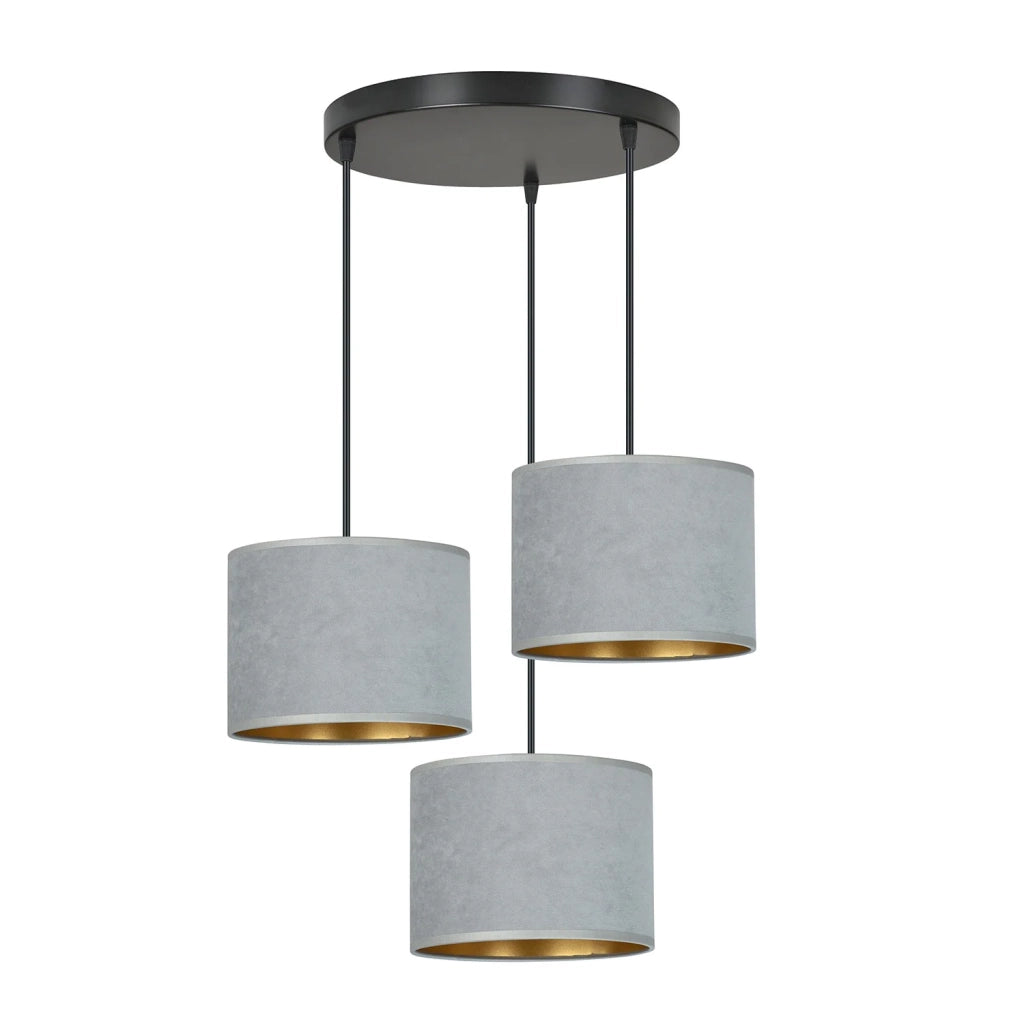Lampadario Tondo 3 Luci Ganesha In Acciaio Nero E Paralumi In Tessuto Grigio