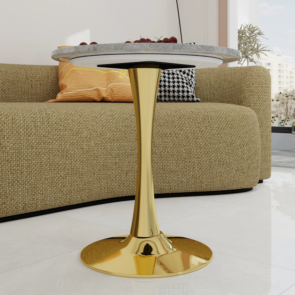 Tavolo da pranzo - rotondo 70 cm - stile mid-century - marmo grigio chiaro - per 2-4 persone - dorato