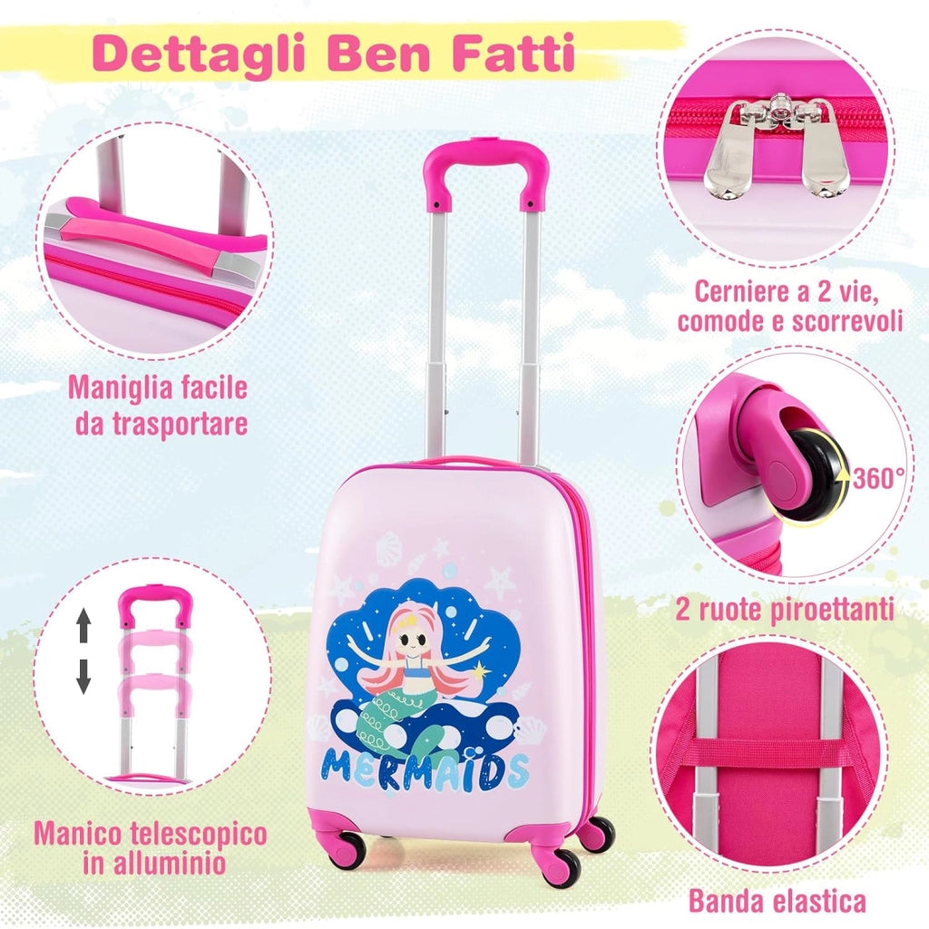 Set di Valigia per Bambini, 16" Valigia+ 12" Zaino, 2 Pezzi, con Ruote Girevoli a 360° e Maniglia Retrattile, Ideale per Viaggiare in Modo Comodo e Divertente (Modello 25)