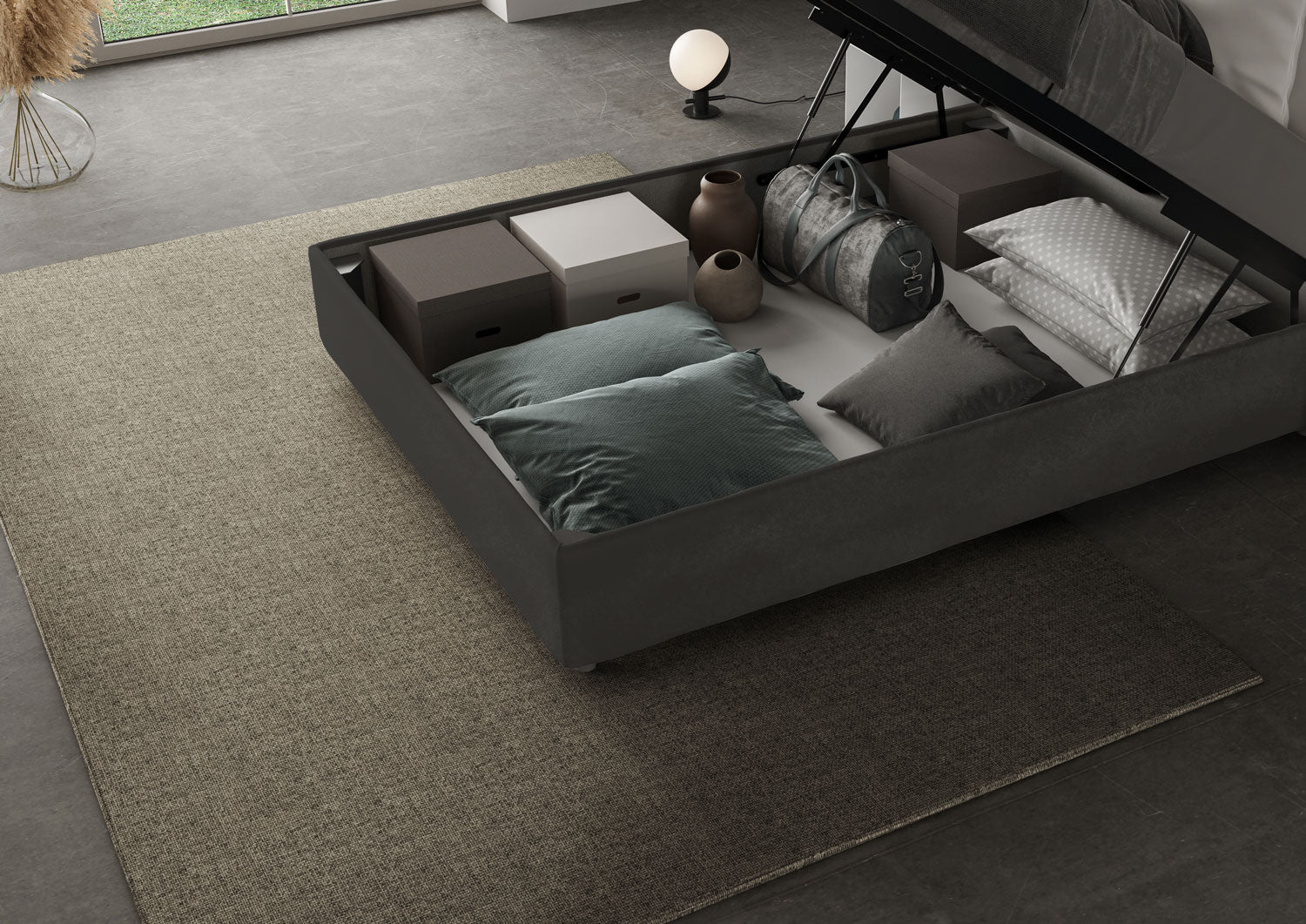 Letto Matrimoniale Francese 140x190 cm con Rete e Contenitore Imbottito in Microfibra Appia Large Grigio