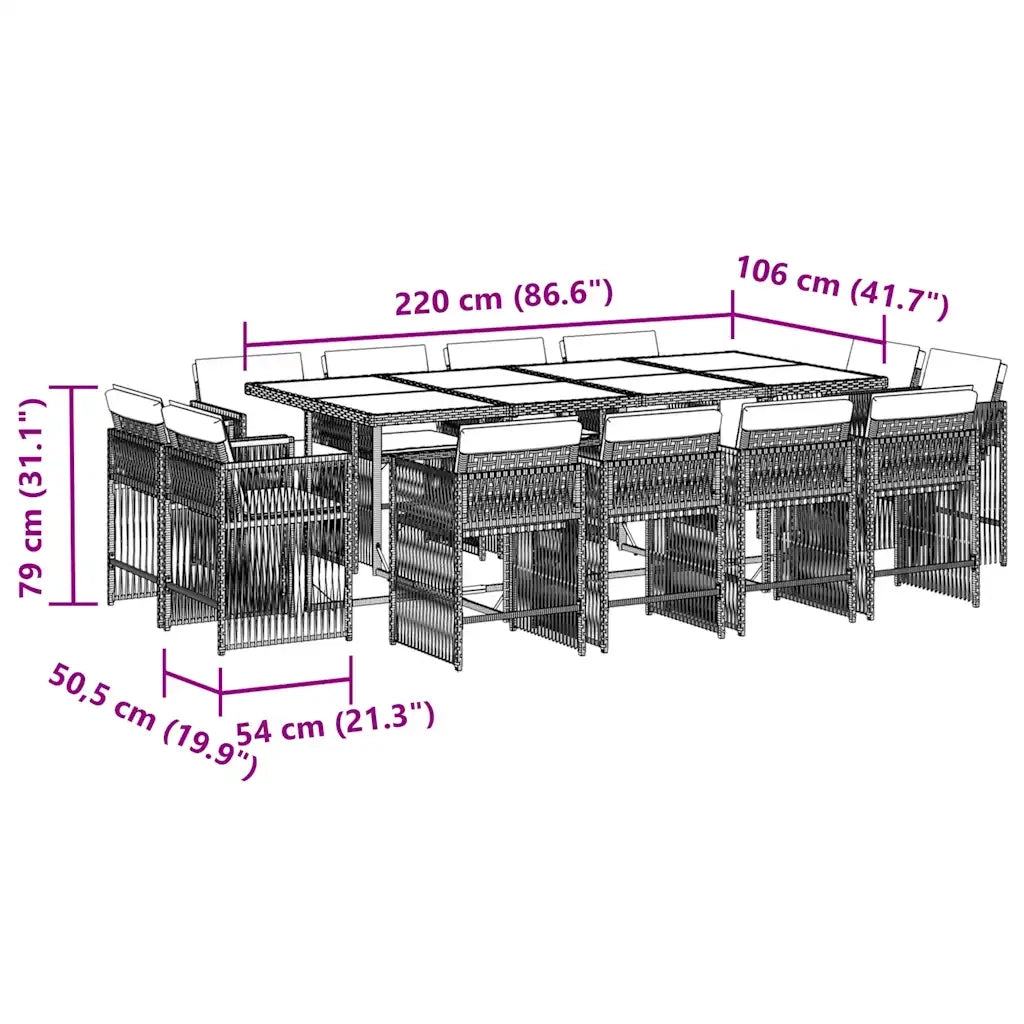 Set da Pranzo da Giardino 13pz con Cuscini Grigio in Polyrattan
