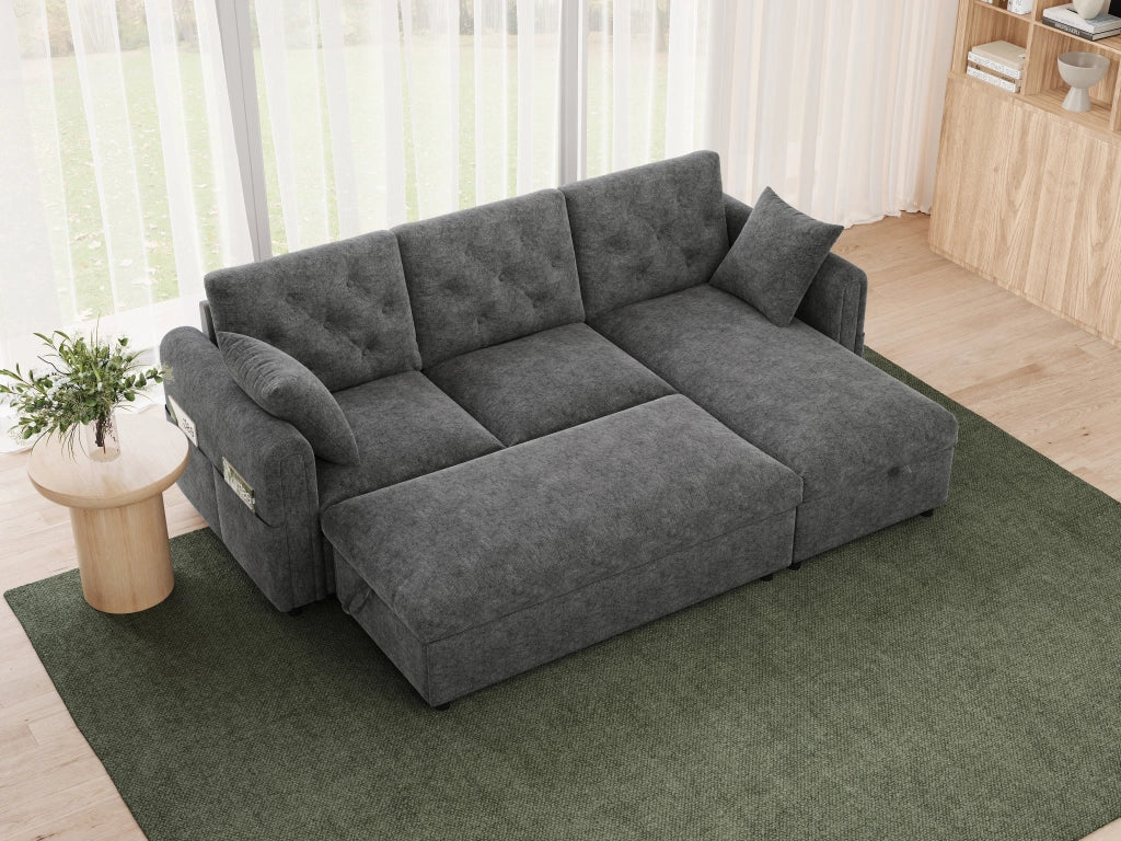 Divano in velluto grigio con chaise longue e pouf contenitore, seduta con molle insacchettate, 219 x 131 x 86 cm