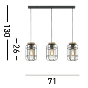 Lampadario Industrial-Nordico Visione Acciaio Nero Marrone 3 Luci E27