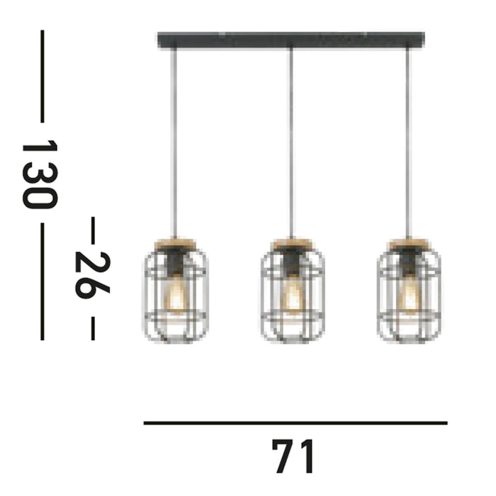 Lampadario Industrial-Nordico Visione Acciaio Nero Marrone 3 Luci E27