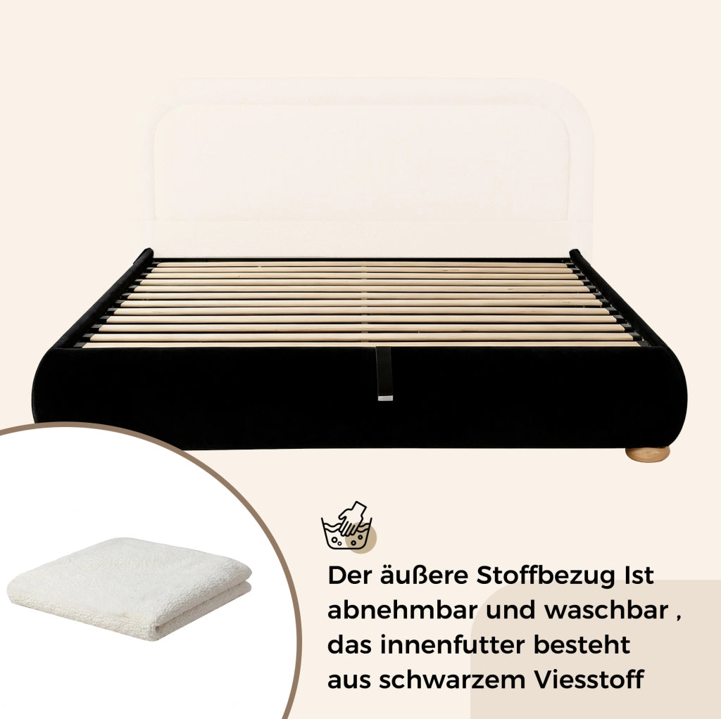Letto contenitore con rete a doghe in bouclé bianco