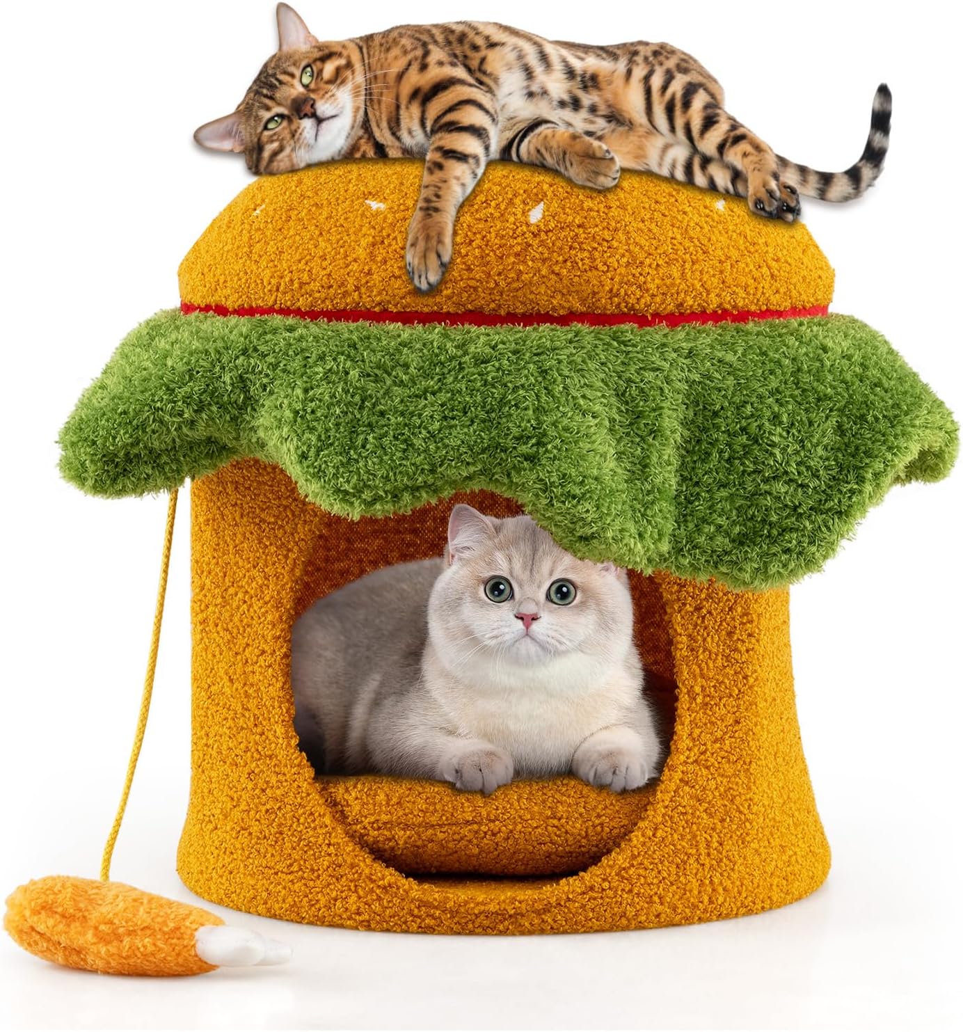 Cuccia per Gatti Carino, Condominio per Gatti a Forma di Hamburger con Cuccia Imbottita, Giocattolo Morbido Sospeso e Cuscino Morbido Rimovibile e Lavabile, Casa per Gattini, 37 x 37 x 41 cm