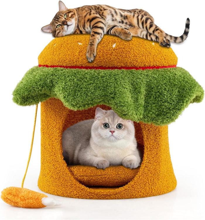 Cuccia per Gatti Carino, Condominio per Gatti a Forma di Hamburger con Cuccia Imbottita, Giocattolo Morbido Sospeso e Cuscino Morbido Rimovibile e Lavabile, Casa per Gattini, 37 x 37 x 41 cm