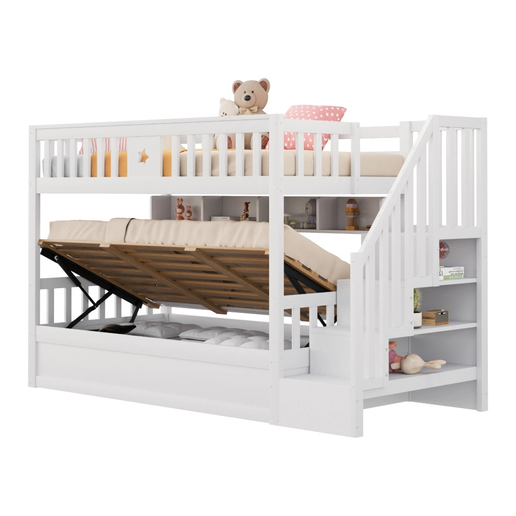 Letto a Castello 90x200 cm; Contenitore; Libreria; Scala con vani; in Legno; Bianco