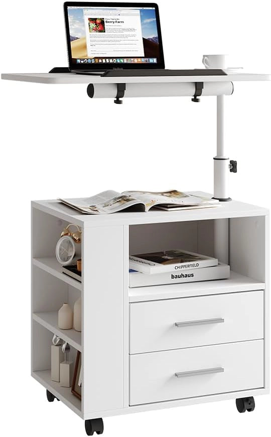 Comodino Bora, Bianco, 60 x 69 cm con 2 cassetti, con piano di lavoro girevole e ruote per un utilizzo flessibile
