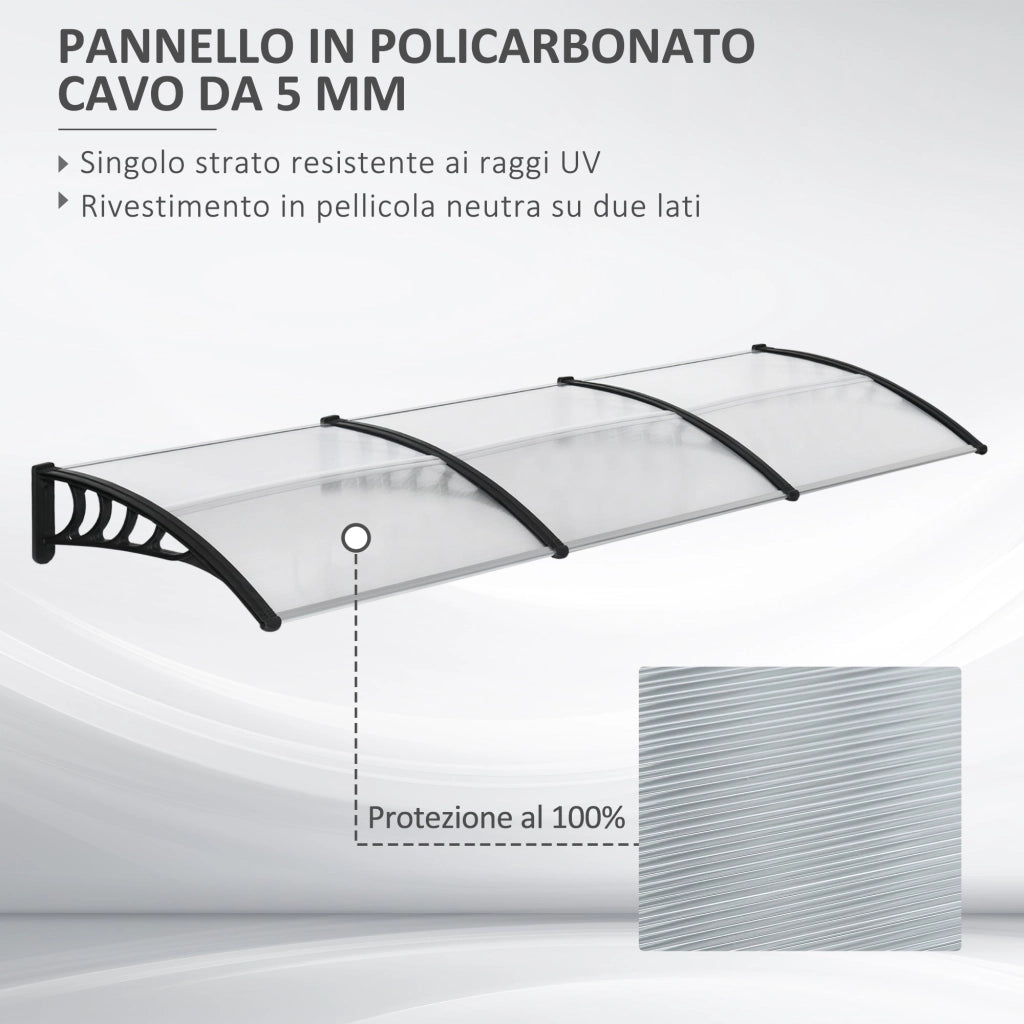 Pensilina Tettoia 303x96x27 cm in Policarbonato Alluminio e PP Nera e Trasparente