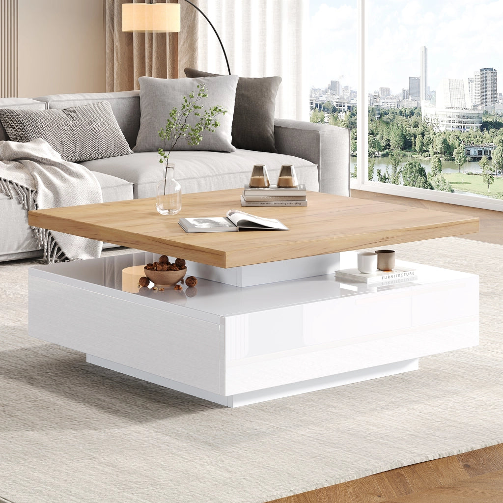 Tavolino basso con piano girevole 360° e cassetto, finitura lucida, in truciolato, noce e bianco, 70 × 70 × 36 cm