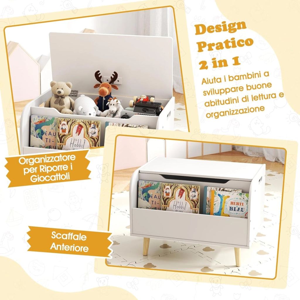 Cassapanca Portaoggetti per Bambini, con Libreria, Organizer per Giocattoli con 4 Gambe in Legno Massello e Coperchio Ribaltabile, per Sala Giochi e Asilo, 60x40x43 cm (Bianco)