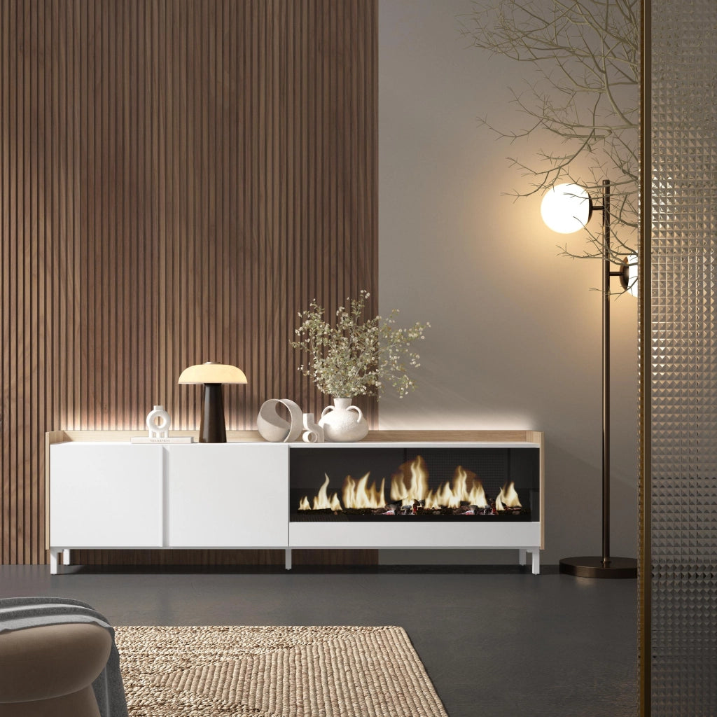 Mobile TV Soggiorno, 212x61x35 cm, Per TV fino a 80", Camino elettrico XXL, Design industriale, LED, Bianco e Rovere soft