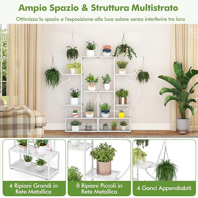 Scaffale Porta Piante a 6 Livelli, Scaffale per Vasi a Forma di Farfalla con 12 Ripiani in Rete Metallica e 4 Ganci, Mensola a Scala per Piante da Interno e Esterno (Bianco)