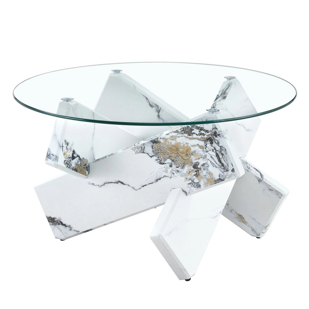 Tavolino da Caff¨¨ Rotondo ¨C MINIMAL ¨C Piano in Vetro Temperato, Effetto Marmo, MDF, ?79cm