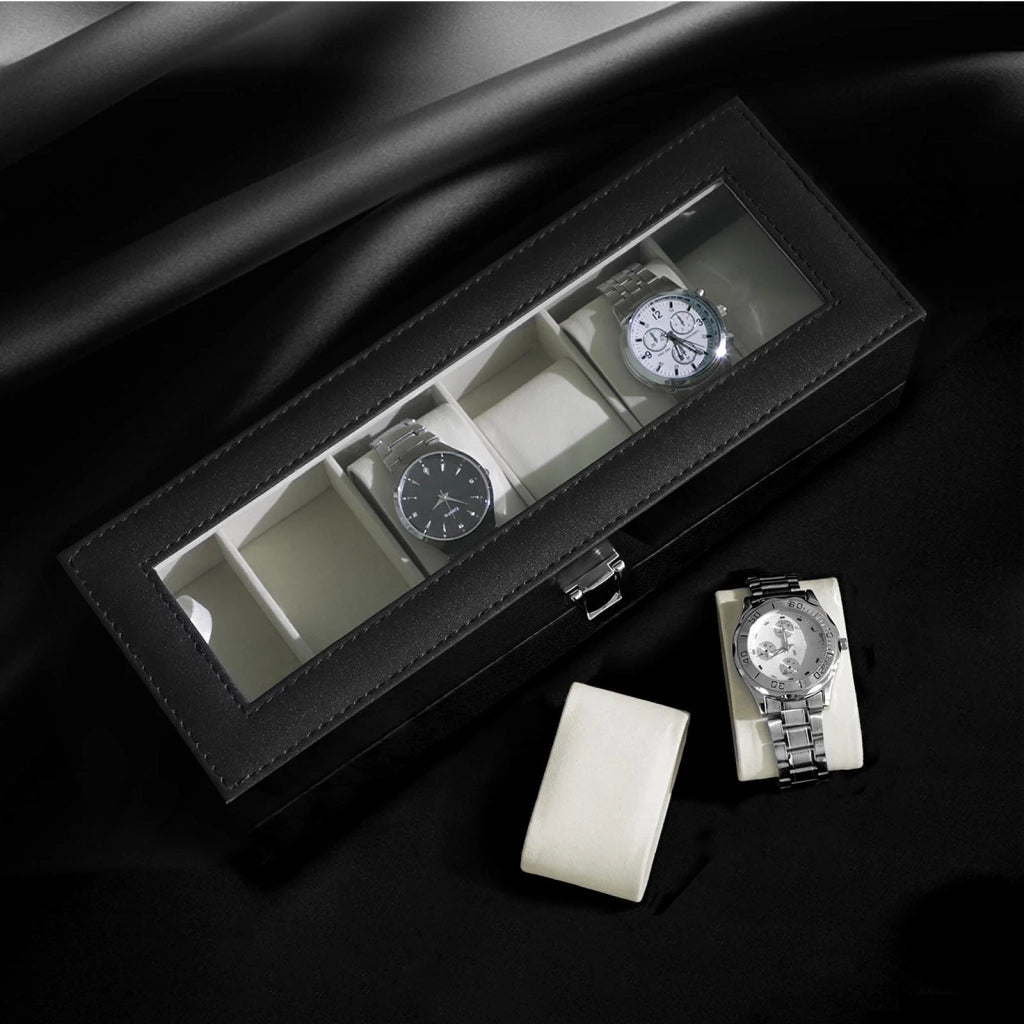 Scatola per orologi con 6 scomparti supporto per esposizione con coperchio in vetro rivestimento interno in velluto cuscino e chiusura 30 cm esterno nero interno beige 12_0002222