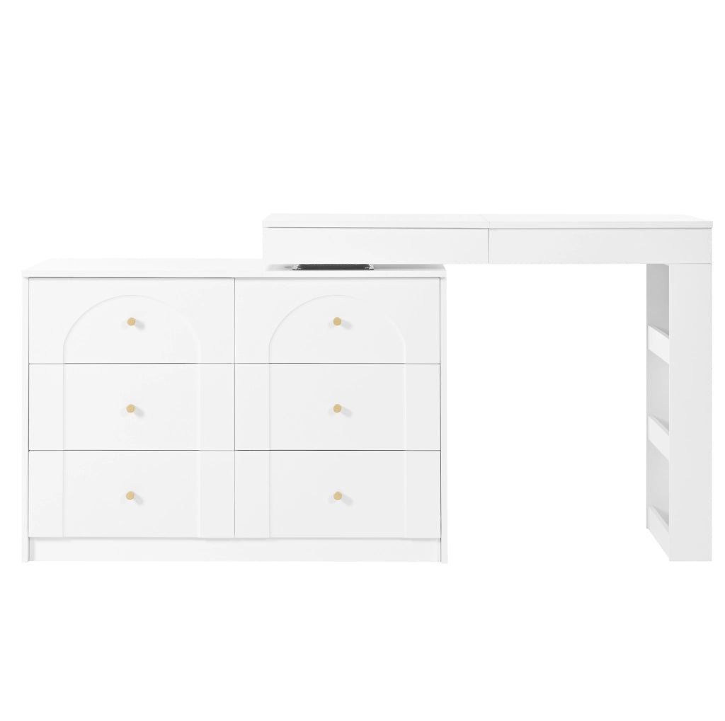 Toeletta girevole ULEVR 105x40x80 cm con specchio LED, 7 cassetti e piano richiudibile, bianca