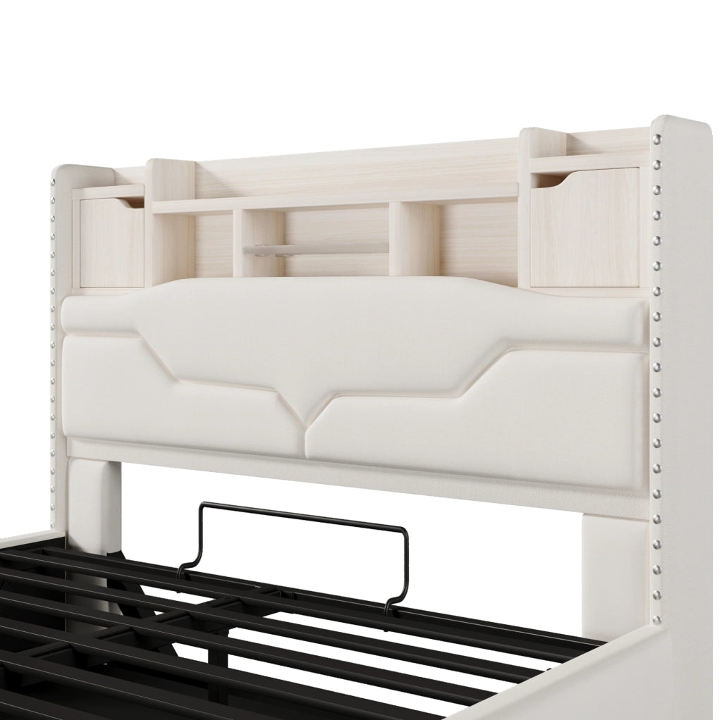 Letto imbottito ULEVR 140x200 cm con contenitore idraulico, LED, prese USB e Type-C, beige