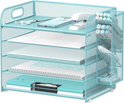 Organizzatore per ufficio 5 livelli con maniglia e contenitori rimovibili per penne, organizzatore per carta/documenti per il tavolo, cassetto per carta per articoli da ufficio (blu)