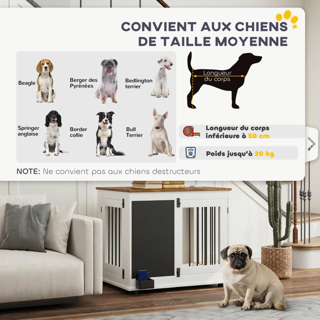 Gabbia per Cani Interna con 2 Porte e Lavagna ¨C zephmum ¨C Bianco 80x60x70 cm
