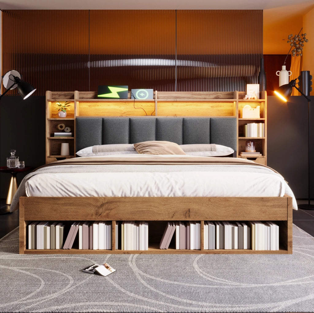 Letto matrimoniale 160x200 cm effetto rovere con LED; porte USB e USB-C; contenitore