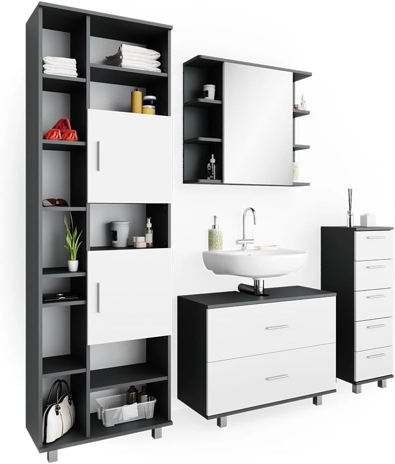 Set mobili bagno Ilias, Bianco/antracite, 80.2 cm, composto da mobile lavabo, pensile a specchio, colonna e base media
