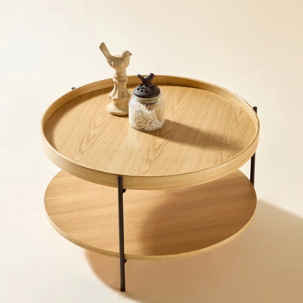 TAVOLINO rotondo a 2 livelli 75.5x75.5x13 cm legno massello e MDF Natural